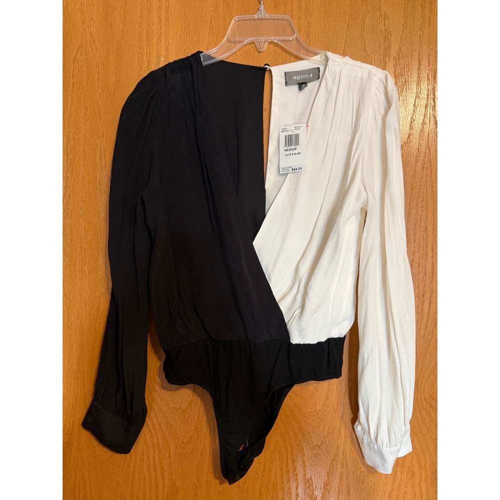 Astr Black & White Colorblock Wrap Long-Sleeve Bodysuit